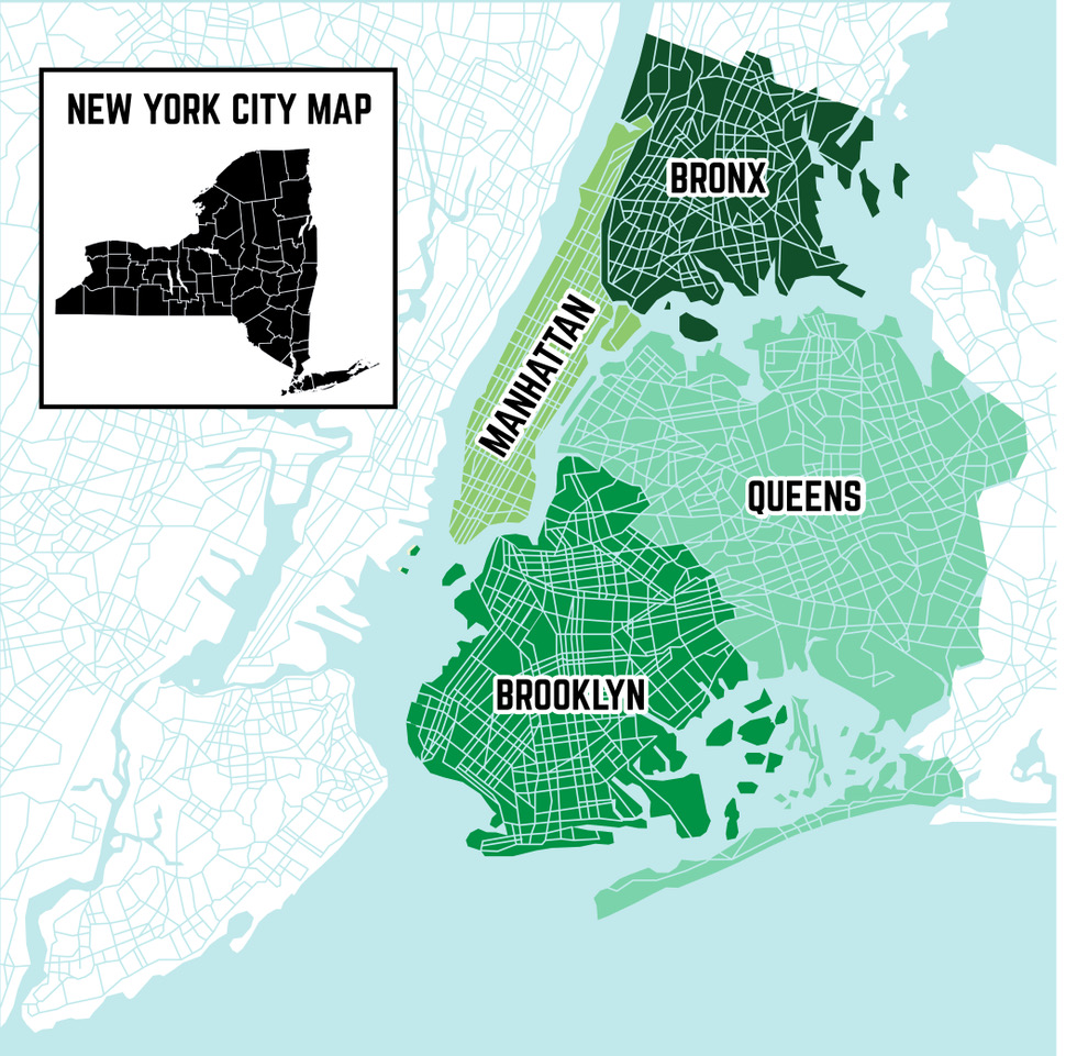 Color Coded Map Of New York City Boroughs 